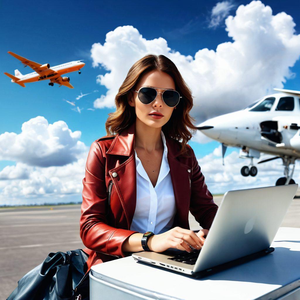 A stylish runway scene merging with a digital interface, where a fashionable blogger in aviator sunglasses types on a laptop surrounded by airplanes and clouds. The composition should capture a blend of aviation elements and a cozy writing atmosphere, inviting readers to explore personal journaling. Use vibrant colors and a dynamic depth to give it a lively feel. super-realistic. vibrant colors. white background.