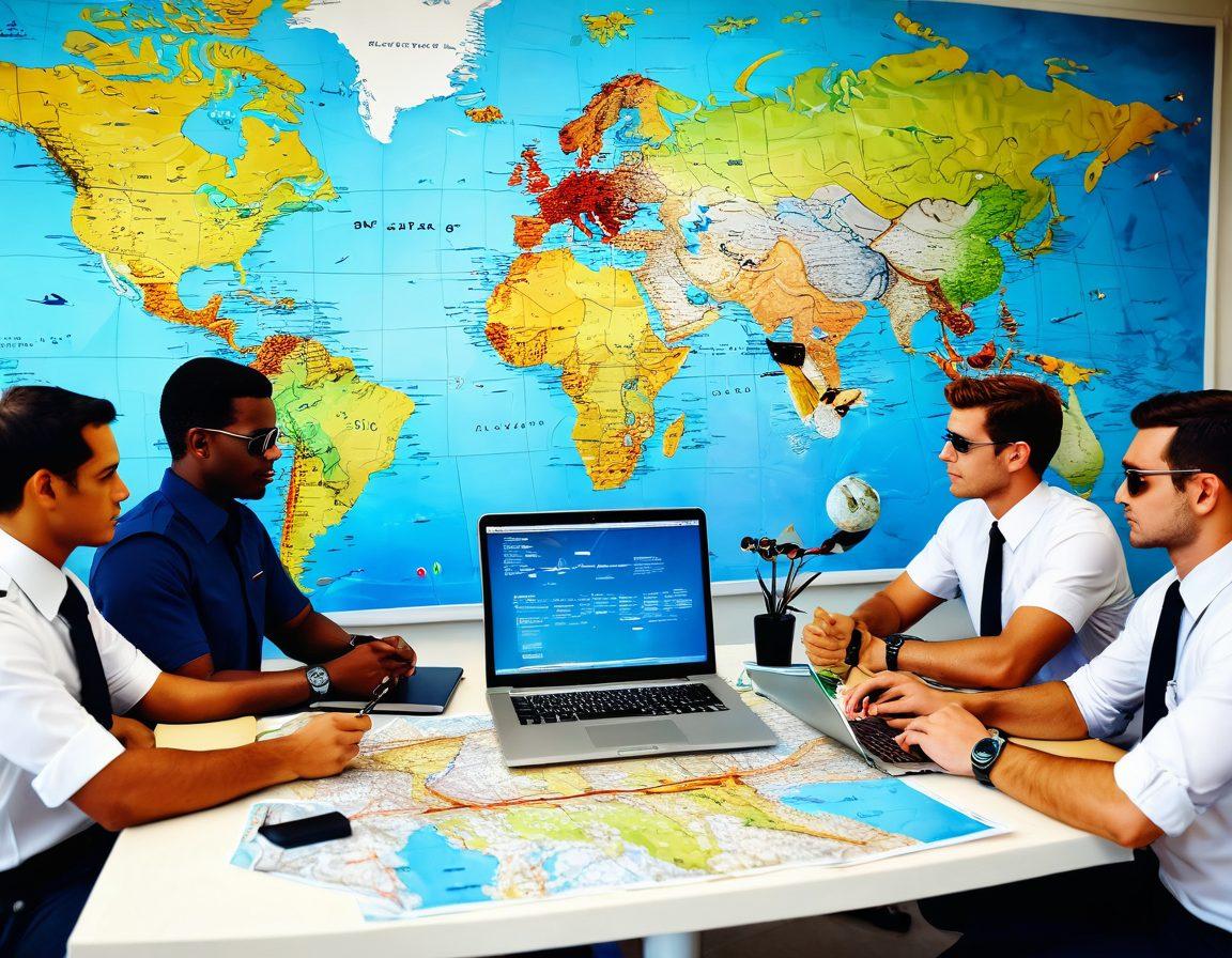 A dynamic scene showcasing a diverse group of aviators around a large, detailed map of a flight plan. Elements like airplanes in the background, pilot gear, and a laptop displaying blog analytics enhance the theme of blogging success. The sky should be bright and inviting, symbolizing opportunity and growth. The image should convey community and collaboration among aviators. super-realistic. vibrant colors. 3D.