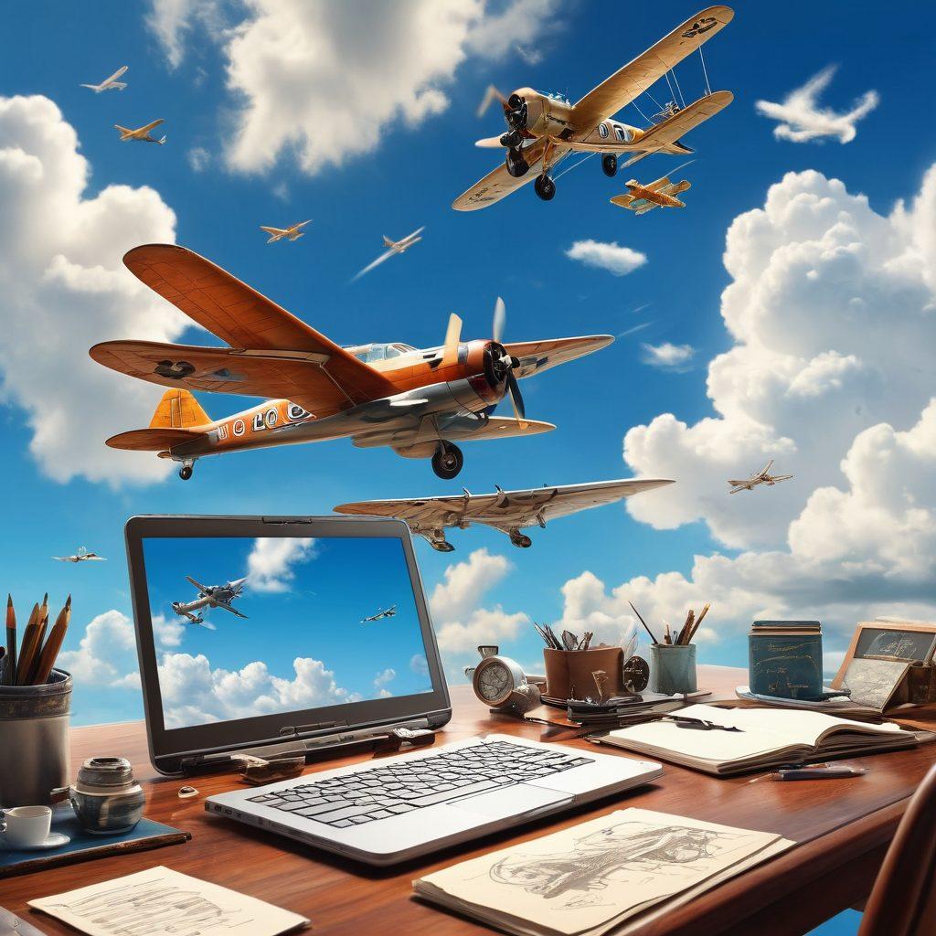 A dynamic scene of a stunning vintage airplane soaring through a clear blue sky, with fluffy white clouds surrounding it. Below, an artist at a desk passionately writing on a laptop, surrounded by sketches of aircraft and aviation memorabilia. The blend of sky and creativity encapsulates the essence of aviation blogging while exuding inspiration and freedom. super-realistic. vibrant colors. 3D.